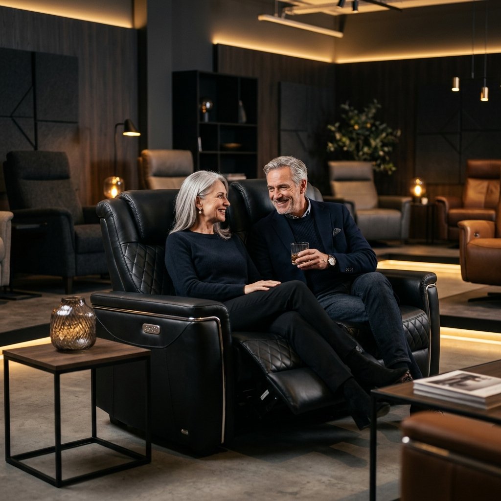 Couple dans le showroom Relax & Stoel, assis sur un fauteuil de relaxation premium